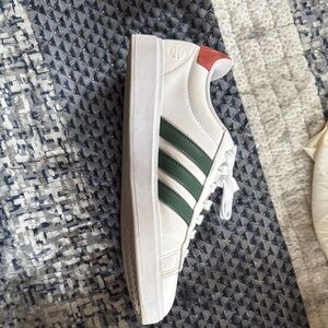 adidas White Sneakers with Green Stripes and Red Heel Tab